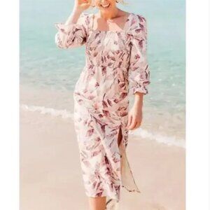 House of Harlow 1960 Smocked Linen Blend Floral Midi Dress Medium